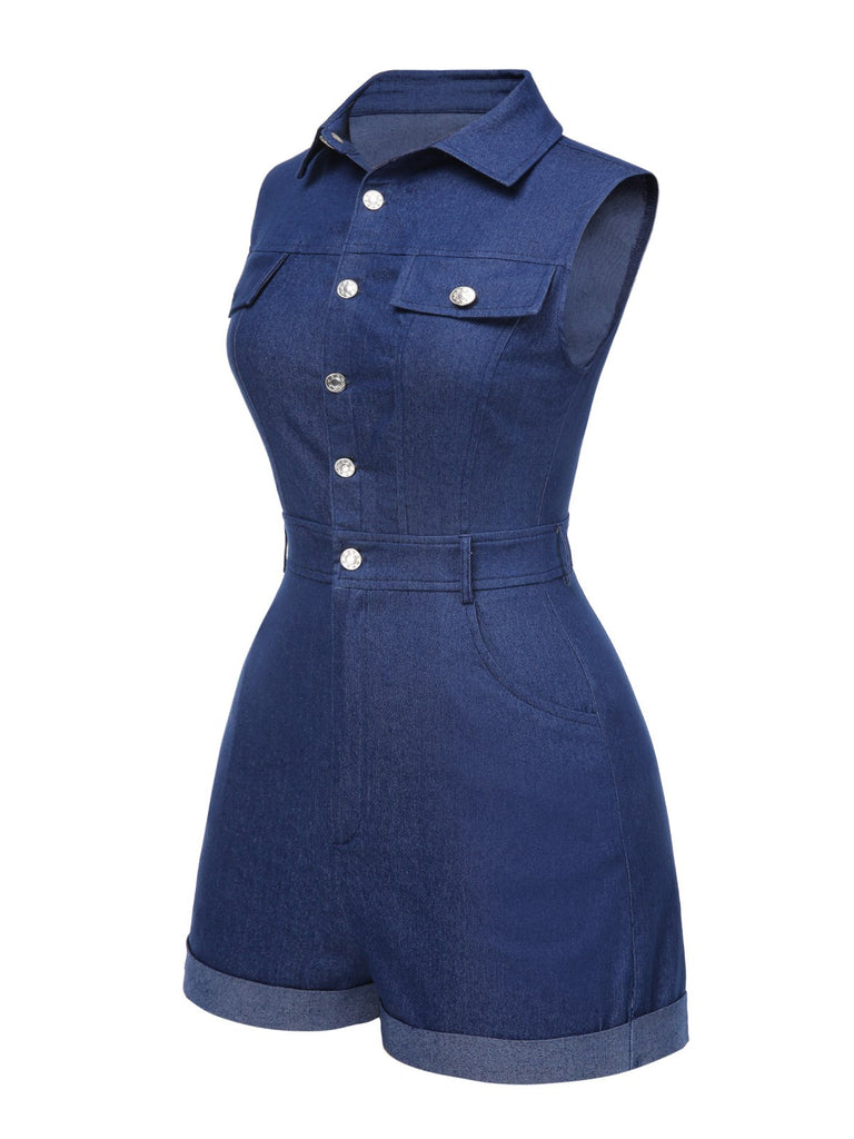[Pre-Sale] Blue 1970s Solid Cotton Sleeveless Denim Romper