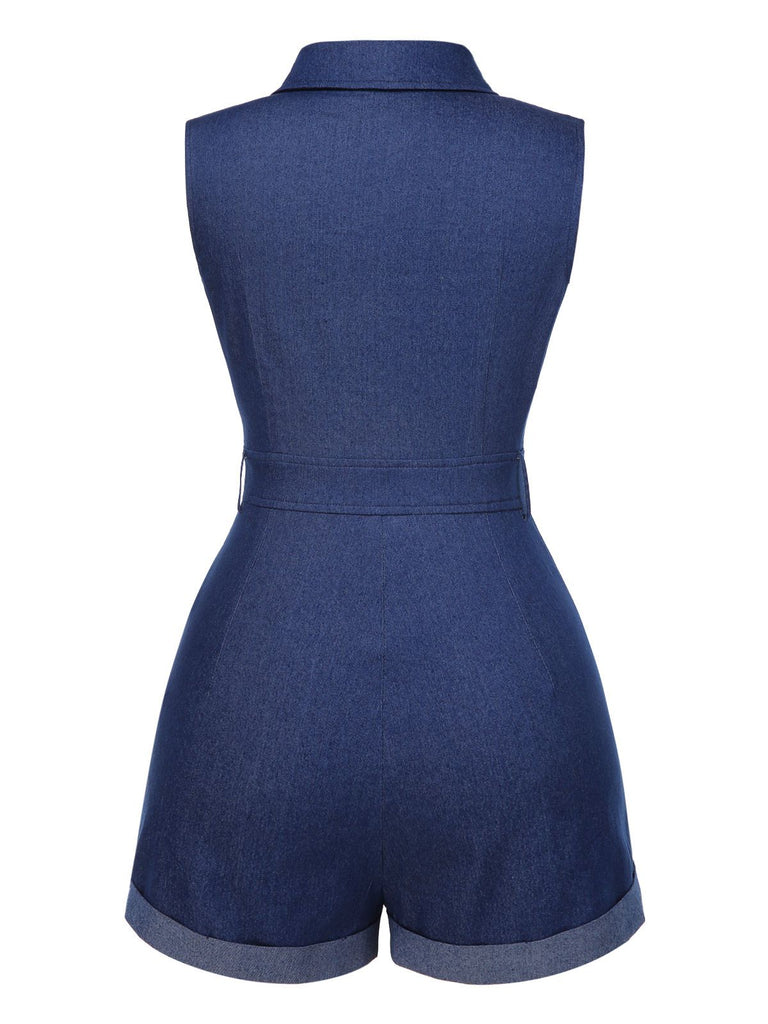 [Pre-Sale] Blue 1970s Solid Cotton Sleeveless Denim Romper