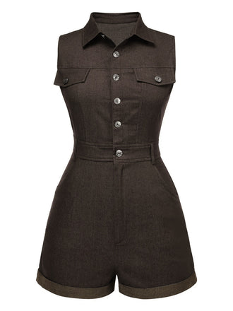 Brown 1970s Solid Sleeveless Denim Romper