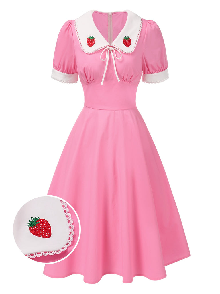 [Pre-Sale] Pink 1950s Cotton Strawberry Embroidered Puff Sleeves Dress