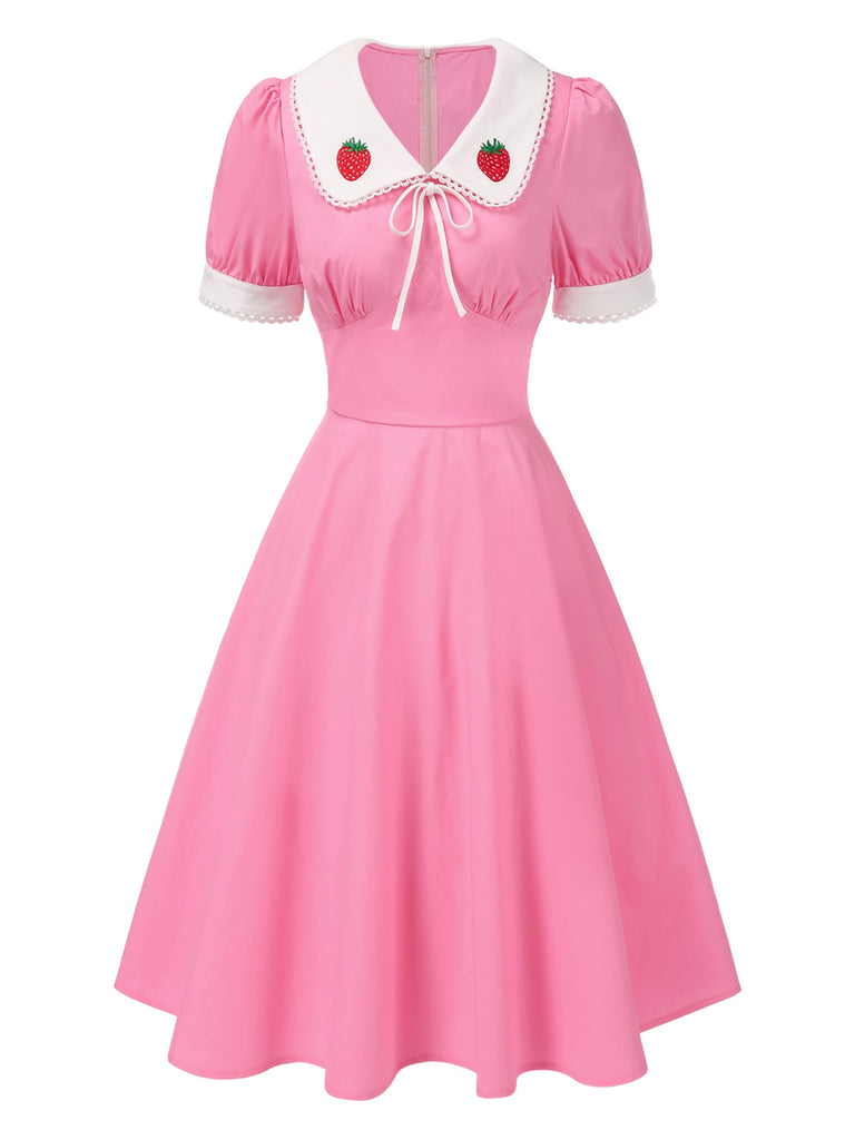 [Pre-Sale] Pink 1950s Cotton Strawberry Embroidered Puff Sleeves Dress