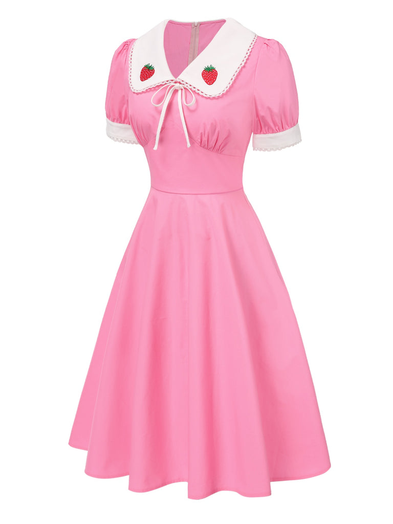 [Pre-Sale] Pink 1950s Cotton Strawberry Embroidered Puff Sleeves Dress