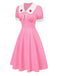 [Pre-Sale] Pink 1950s Cotton Strawberry Embroidered Puff Sleeves Dress