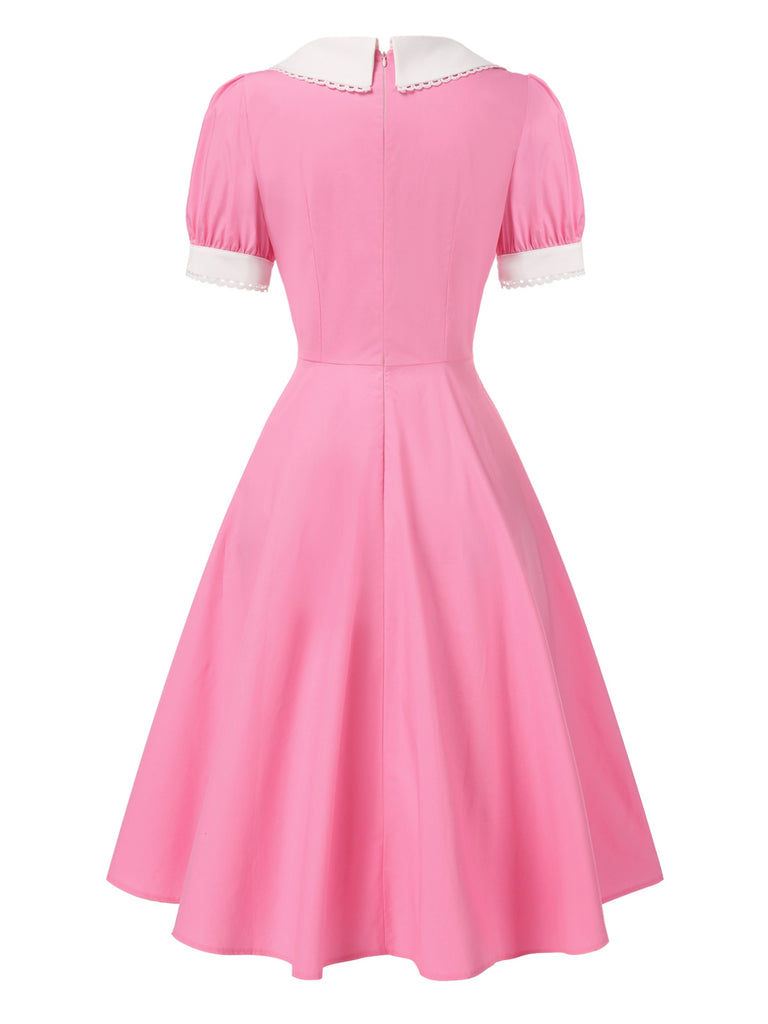 [Pre-Sale] Pink 1950s Cotton Strawberry Embroidered Puff Sleeves Dress