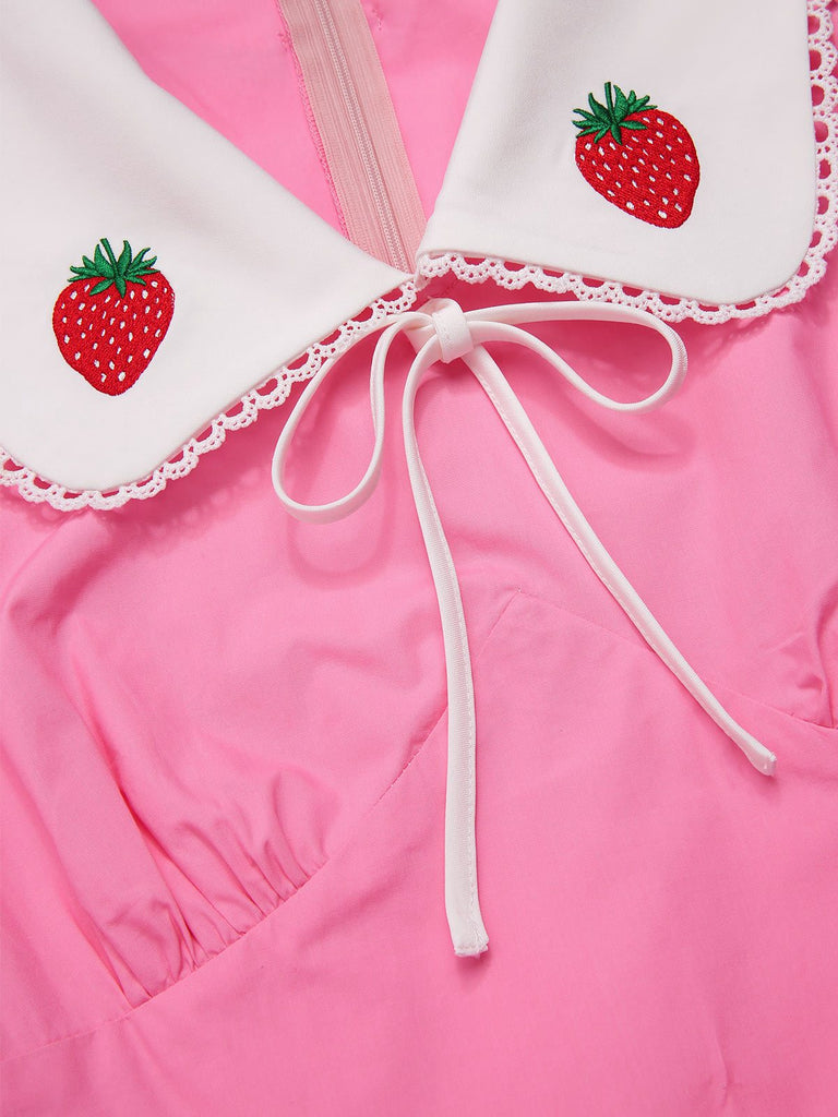 [Pre-Sale] Pink 1950s Cotton Strawberry Embroidered Puff Sleeves Dress