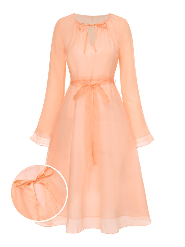 [Pre-Sale] Peach 1970s Sheer Flare Sleeve Belted Dress