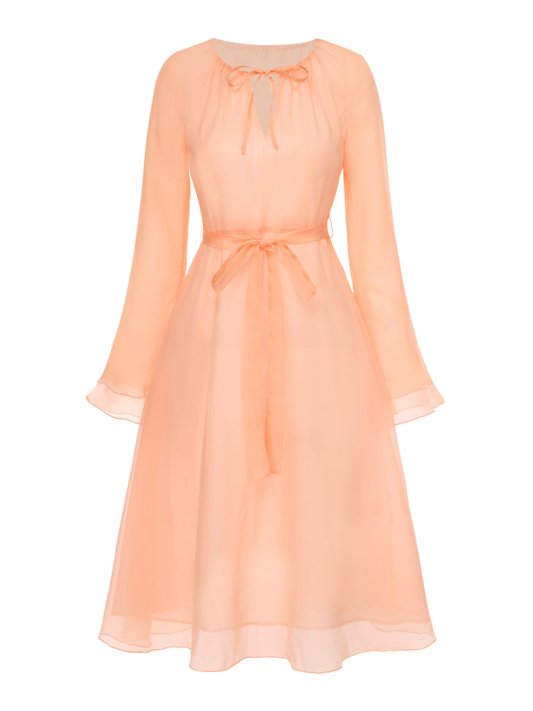 [Pre-Sale] Peach 1970s Sheer Flare Sleeve Belted Dress