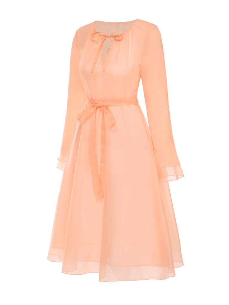 [Pre-Sale] Peach 1970s Sheer Flare Sleeve Belted Dress