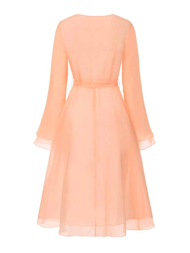 [Pre-Sale] Peach 1970s Sheer Flare Sleeve Belted Dress