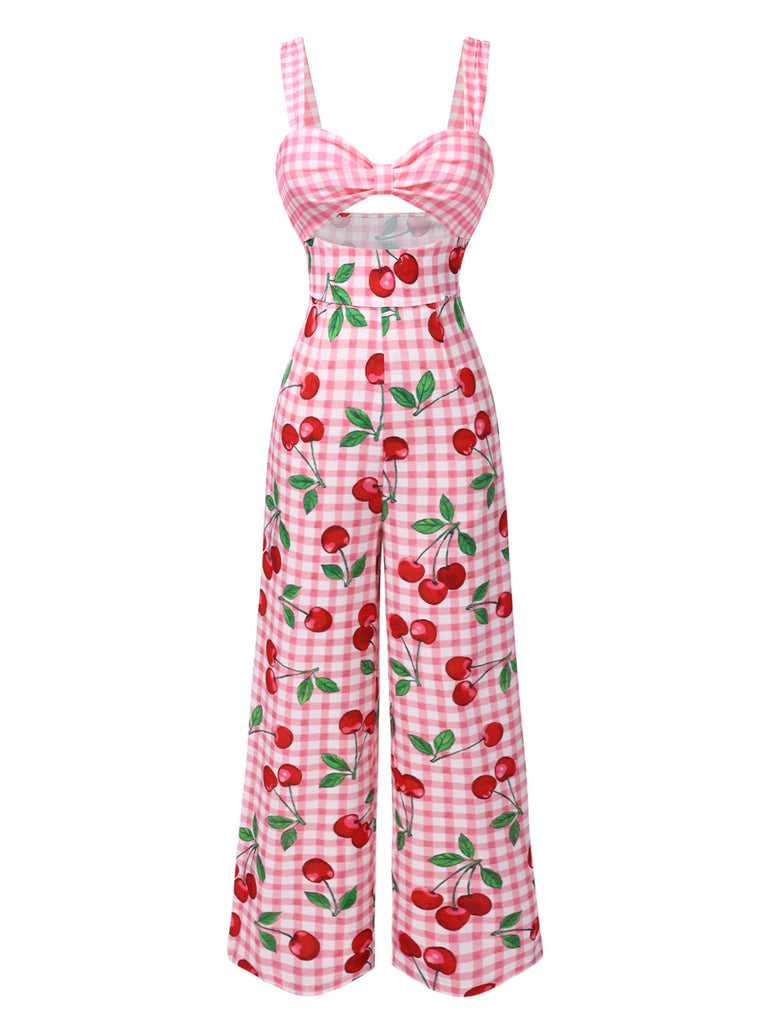 [Pre-Sale] Pink 1960s Gingham Cherry Cut-out Jumpsuit