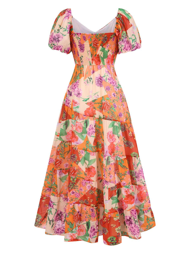 Multicolor 1930s Sweetheart Neck Floral Maxi Dress