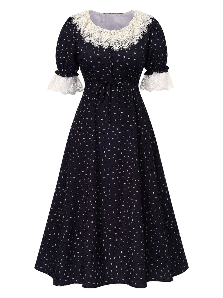 Black 1940s Lace Floral Ditsy Dots Puff Sleeve Dress