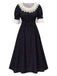 Black 1940s Lace Floral Ditsy Dots Puff Sleeve Dress