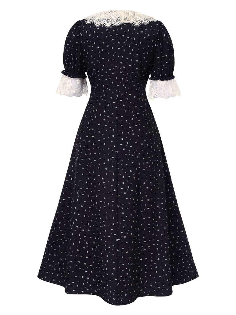 Black 1940s Lace Floral Ditsy Dots Puff Sleeve Dress
