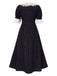 Black 1940s Lace Floral Ditsy Dots Puff Sleeve Dress