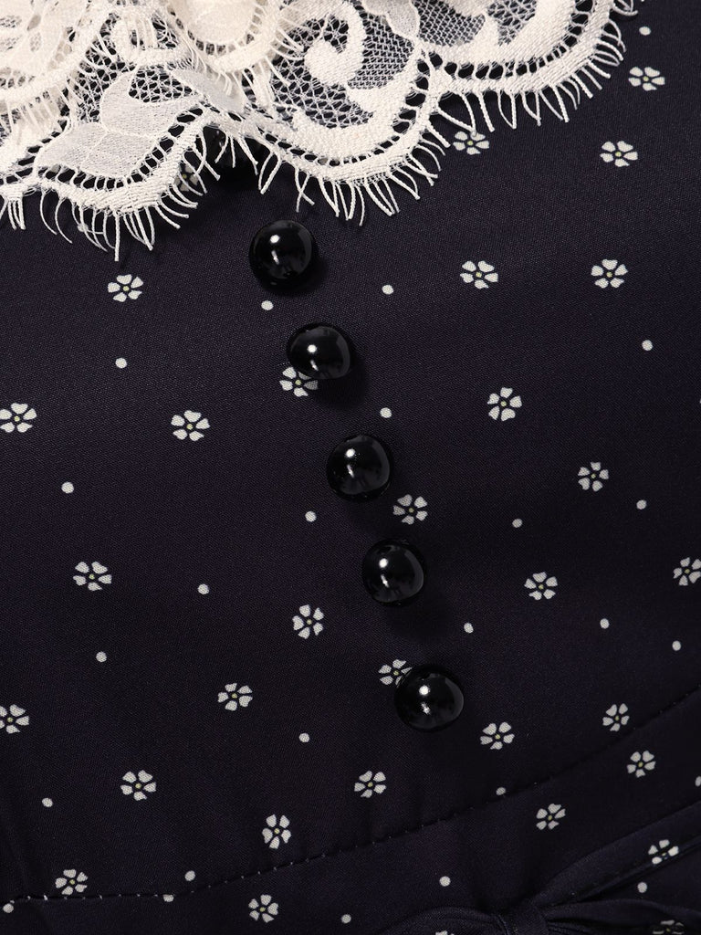 Black 1940s Lace Floral Ditsy Dots Puff Sleeve Dress