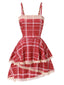 Red 1960s Irregular Layered Hem Plaid Suspender Dress