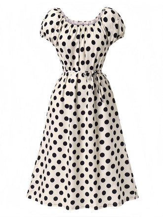 Beige 1940s Polka Dot Puff Sleeves Dress