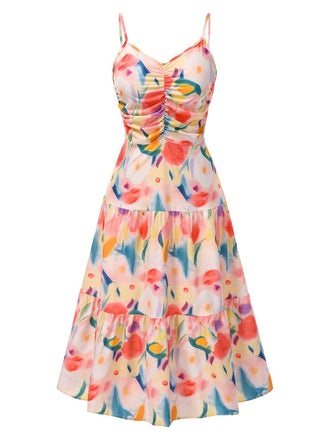 1970s Strap Watercolor Floral Ruched Tiered Dress