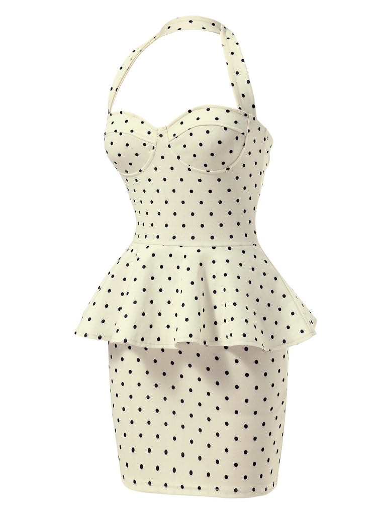 1960s Polka Dot Halter Ruffle Pencil Dress