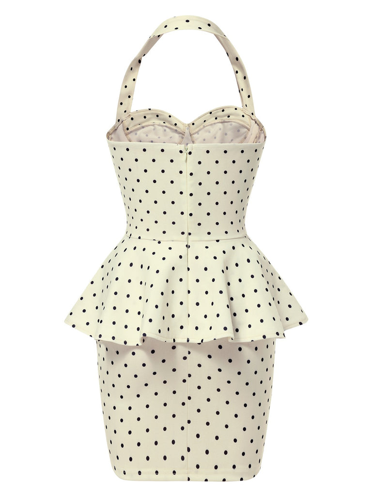 1960s Polka Dot Halter Ruffle Pencil Dress