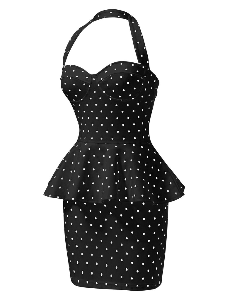 1960s Polka Dot Halter Ruffle Pencil Dress