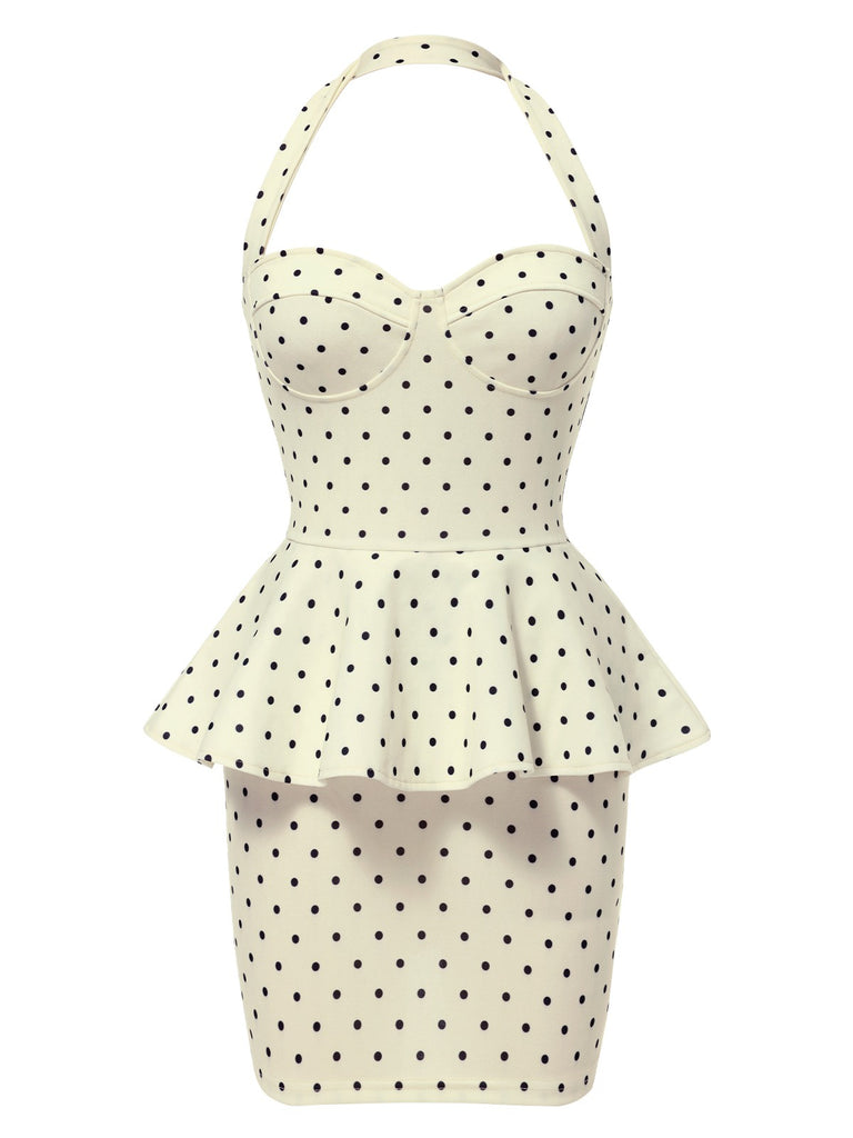 1960s Polka Dot Halter Ruffle Pencil Dress