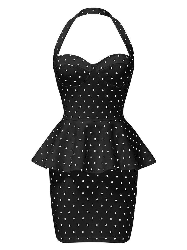1960s Polka Dot Halter Ruffle Pencil Dress
