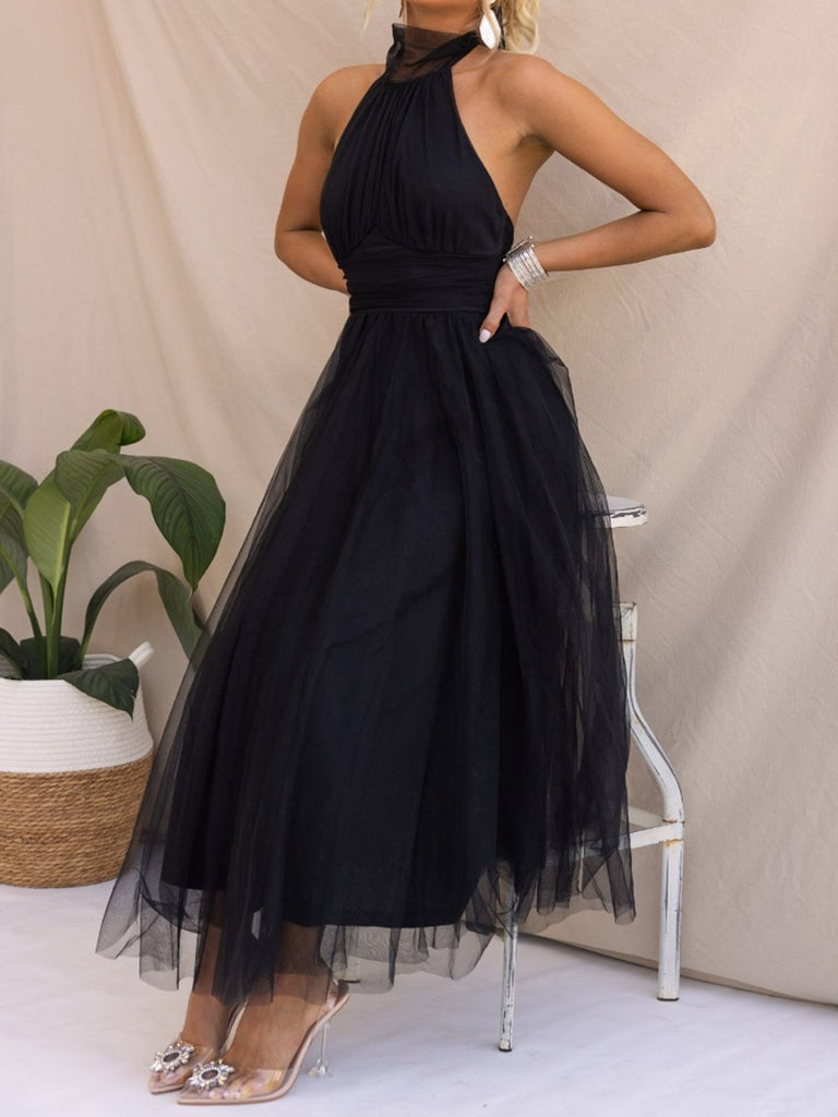 1940s Solid Sleeveless Turtleneck Halter Mesh Dress
