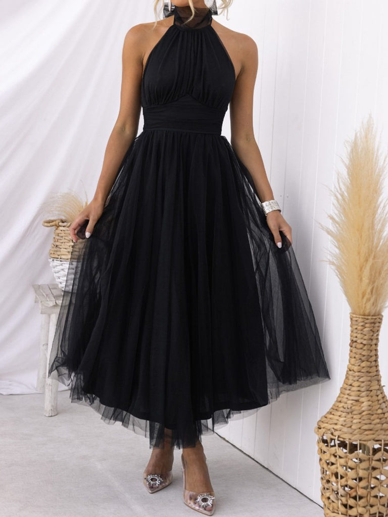 1940s Solid Sleeveless Turtleneck Halter Mesh Dress