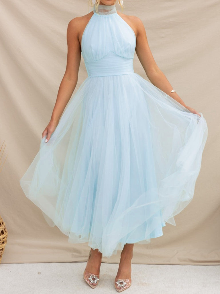 1940s Solid Sleeveless Turtleneck Halter Mesh Dress