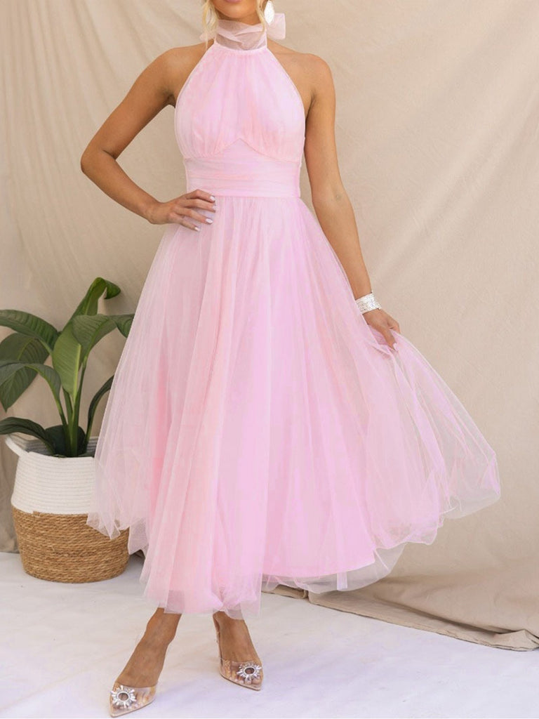 1940s Solid Sleeveless Turtleneck Halter Mesh Dress