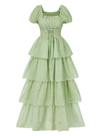 Grey Green 1970s Tiered Floral Maxi Dress