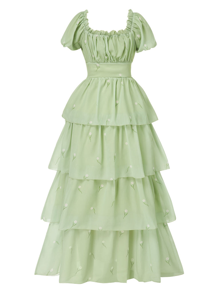 Grey Green 1970s Tiered Floral Maxi Dress