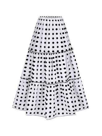 White 1970s Tiered Hem Polka Dots Skirt