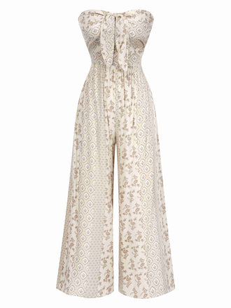 Beige 1970s Bandeau Bow Floral Bohemian Jumpsuit