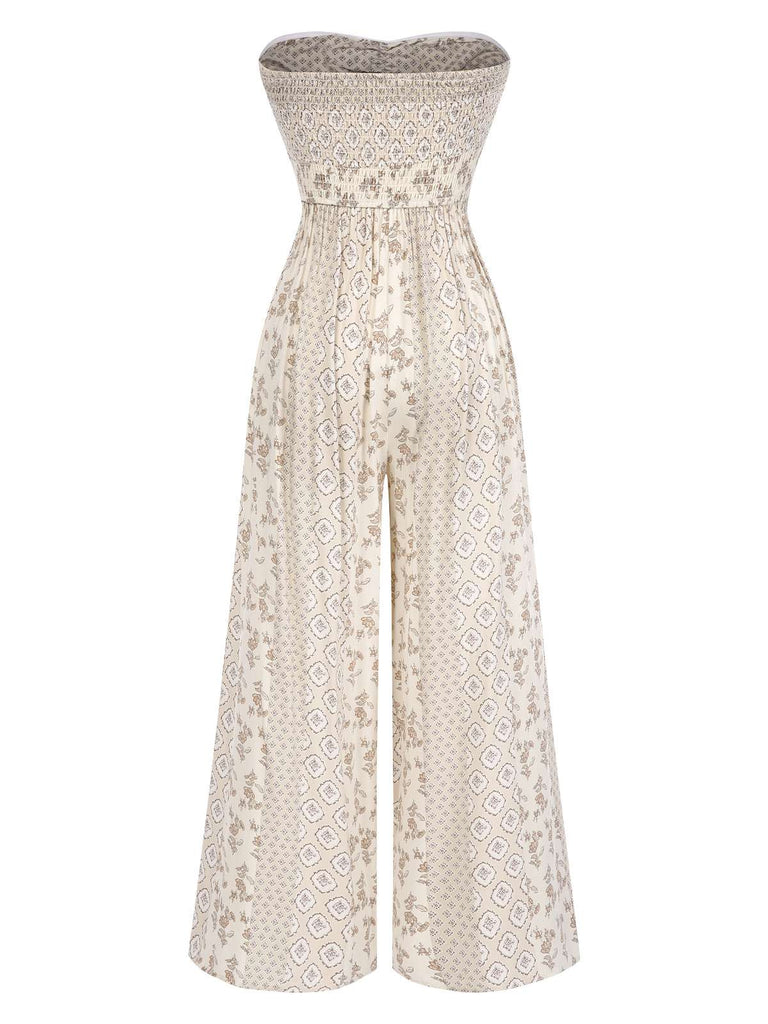Beige 1970s Bandeau Bow Floral Bohemian Jumpsuit