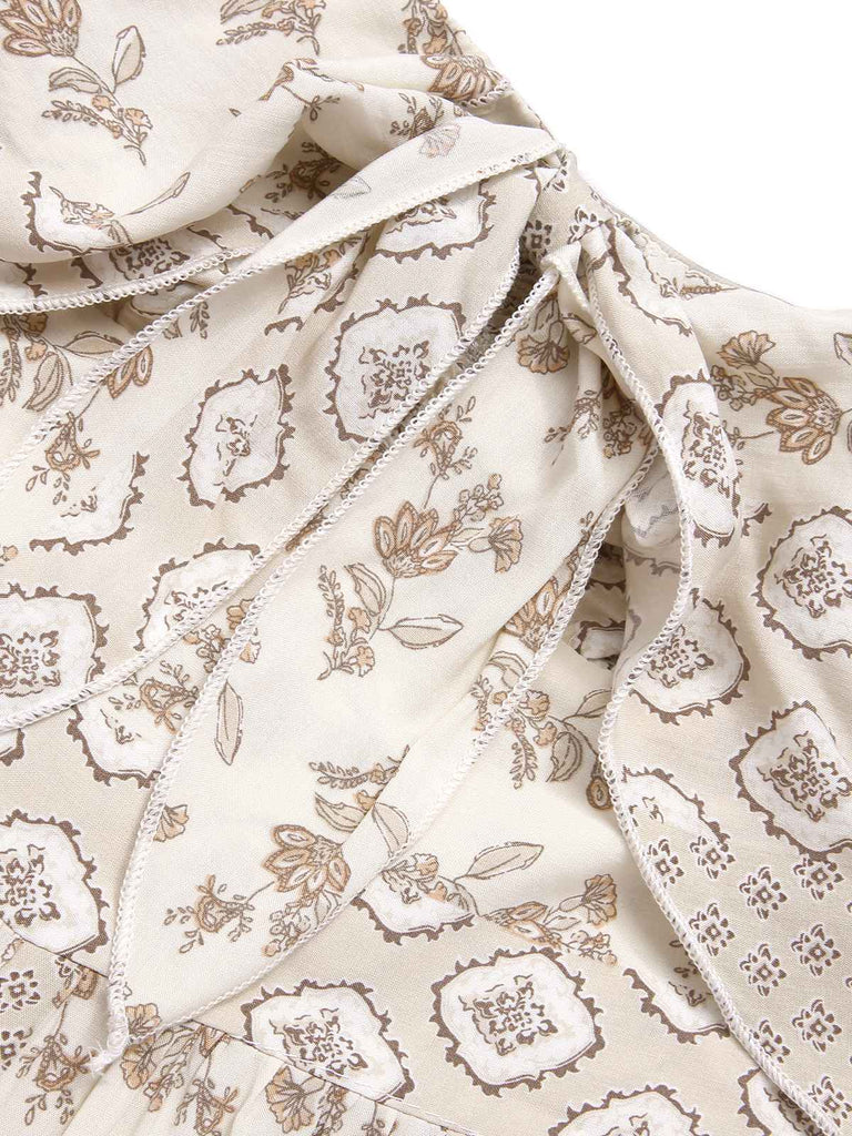 Beige 1970s Bandeau Bow Floral Bohemian Jumpsuit