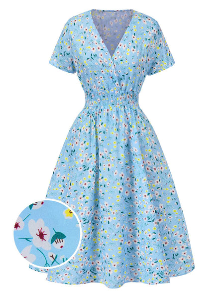 Sky Blue 1950s Floral V-Neck A-line Dress