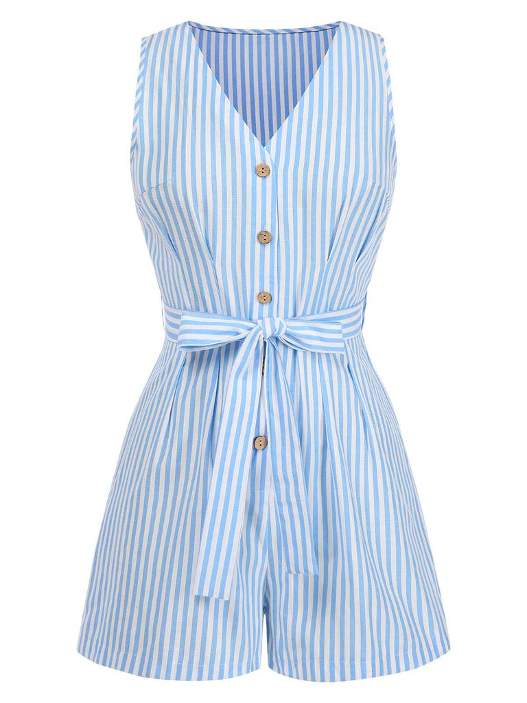1950s V-Neck Stripes Sleeveless Belted Romper