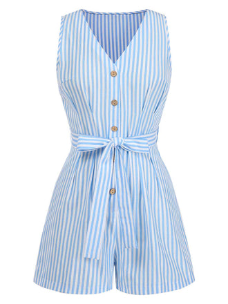 1950s V-Neck Stripes Sleeveless Belted Romper
