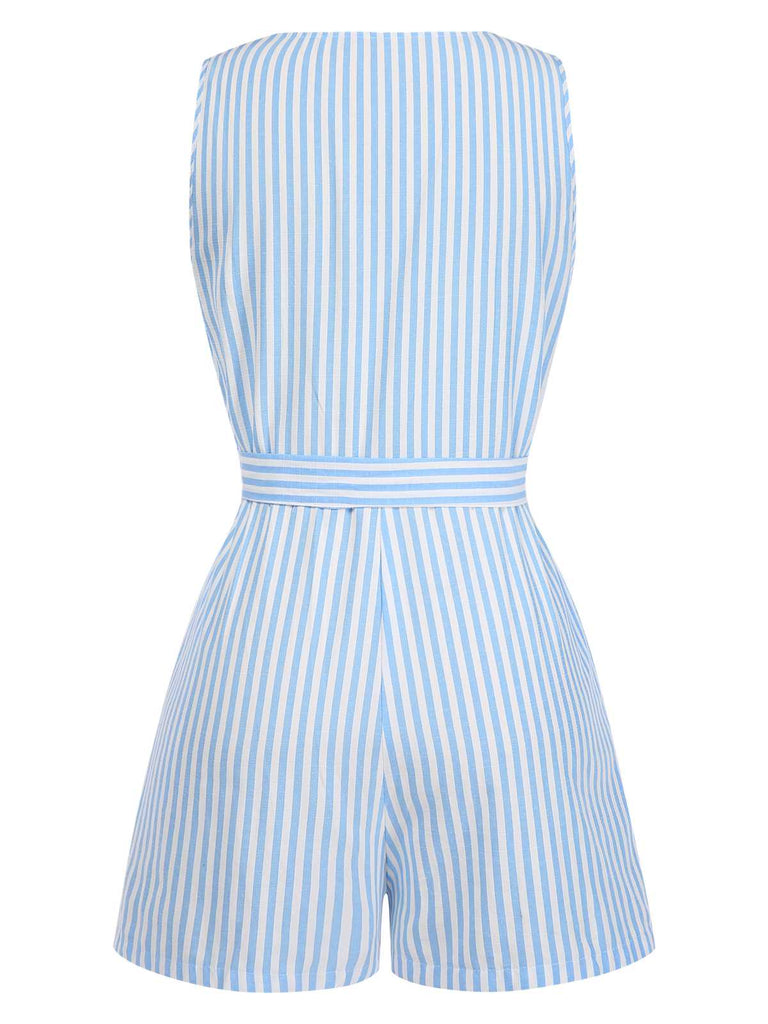1950s V-Neck Stripes Sleeveless Belted Romper