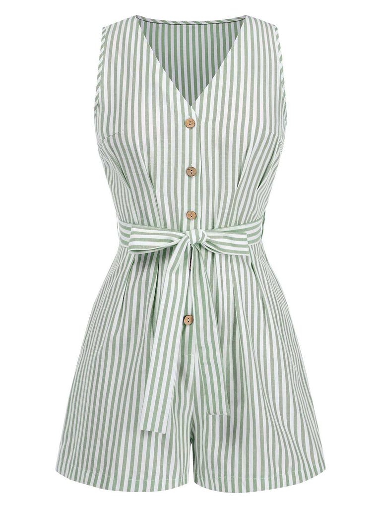 1950s V-Neck Stripes Sleeveless Belted Romper