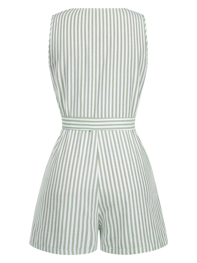1950s V-Neck Stripes Sleeveless Belted Romper
