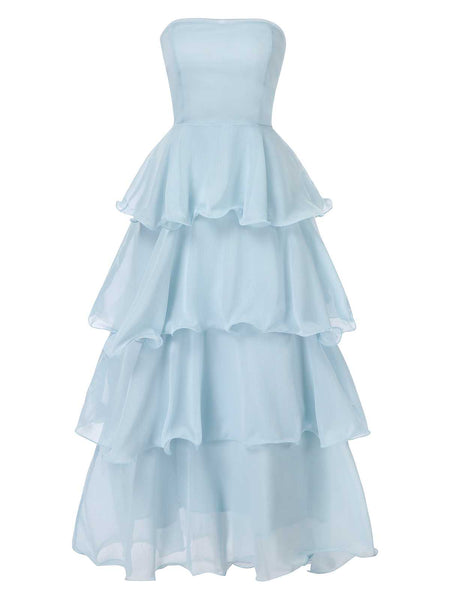 Light Blue 1970s Strapless Layered Ruffles Dress | Retro Stage