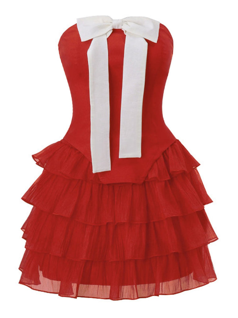 2PCS 1950s Strapless Bow Top & Tiered-Tulle Skirt
