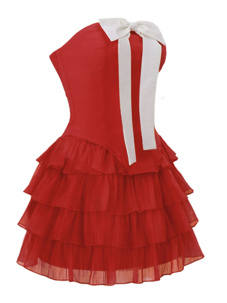 2PCS 1950s Strapless Bow Top & Tiered-Tulle Skirt