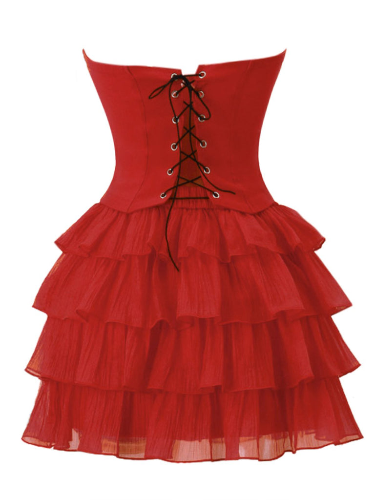 2PCS 1950s Strapless Bow Top & Tiered-Tulle Skirt