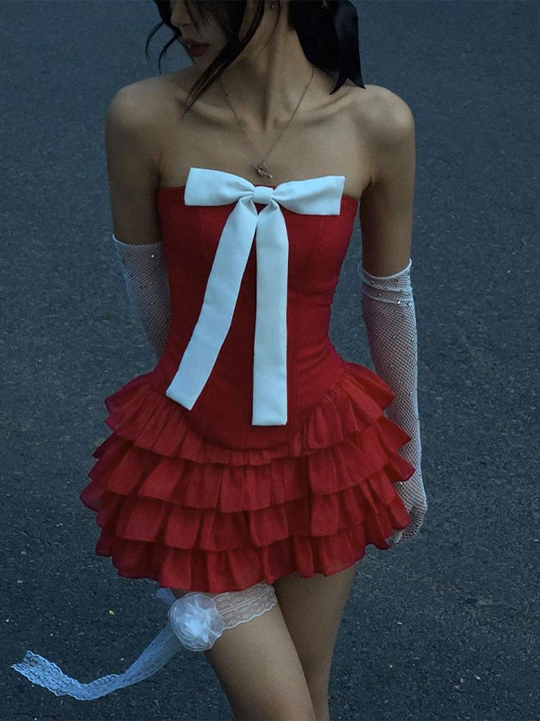 2PCS 1950s Strapless Bow Top & Tiered-Tulle Skirt