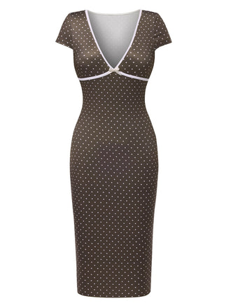 Brown 1960s Deep V-Neck Polka Dots Dress